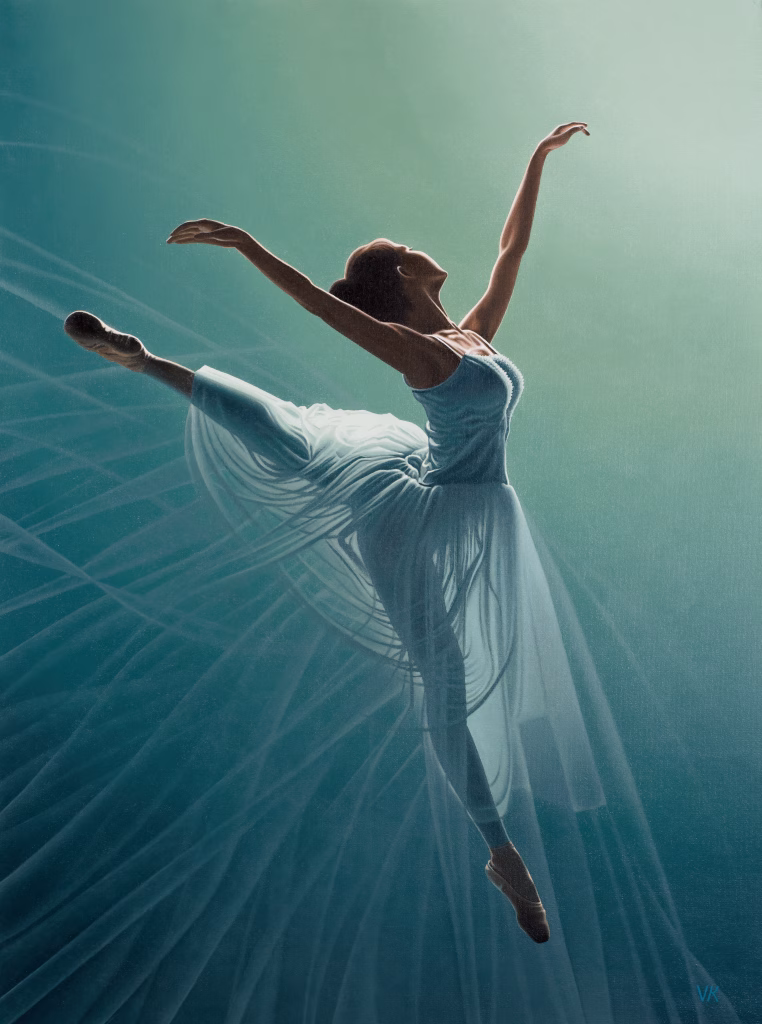 01 fine art painting with a floating ballerina, graceful movement and light atmosphere