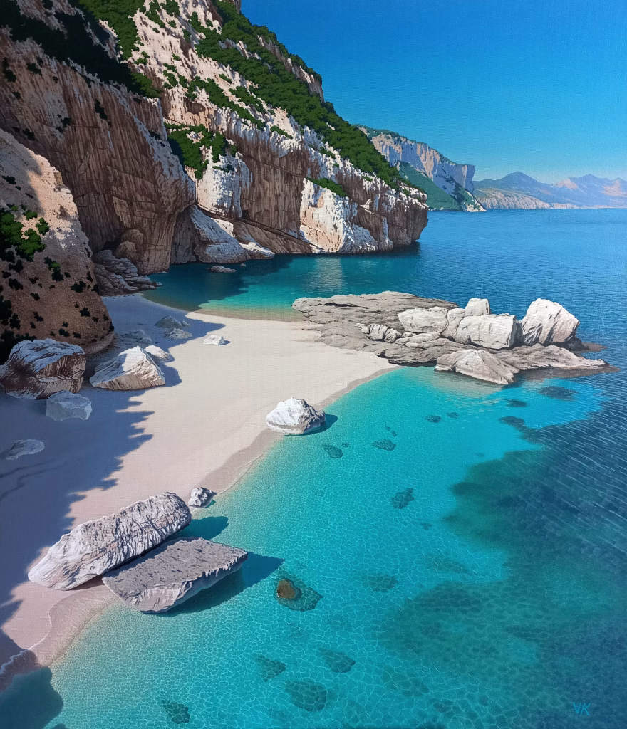 tranquil Mediterranean shore with cliffs and calm turquoise water, painting by Vitaly Kazantsev