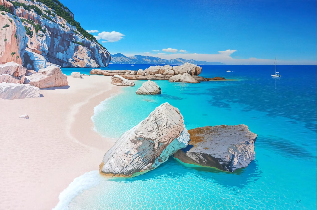 sandy beach and rocky coastline of the turquoise Mediterranean sea, large painting