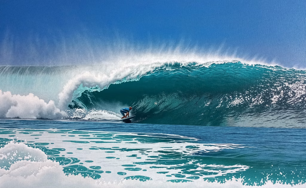 original artwork depict powerful ocean wave with surfer