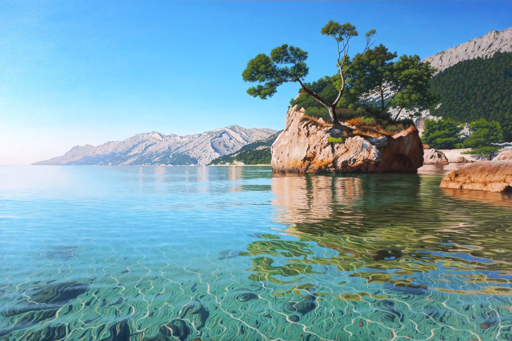 transparent sea water and reflection of clear sky, coastal wall art