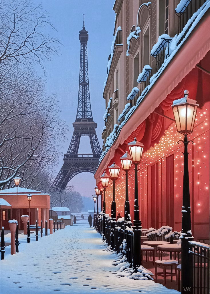 18 Eiffel Tower in winter evening Paris, snowy mood and soft light, romantic oil painting