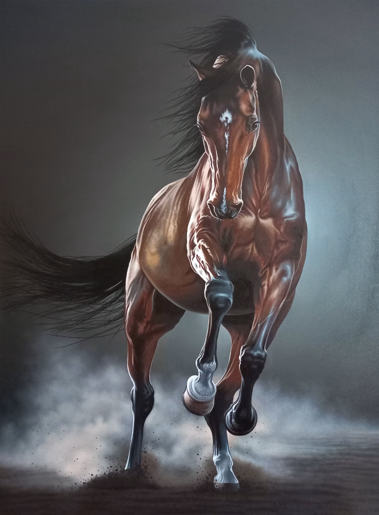 atmospheric painting on canvas with a graceful horse galloping against a hazy backdrop