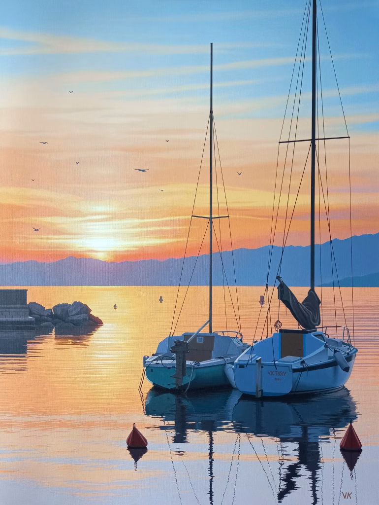 calm harbour with sailboats and warm sunset sky, seascape oil artwork