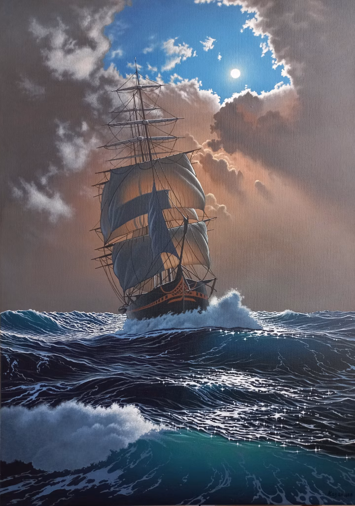seascape painting with a sailing ship amindst powerful waves and sunlight after a storm
