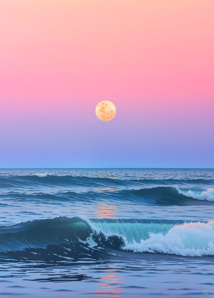 original oil painting with gentle ocean waves and moonrise on pastel sky