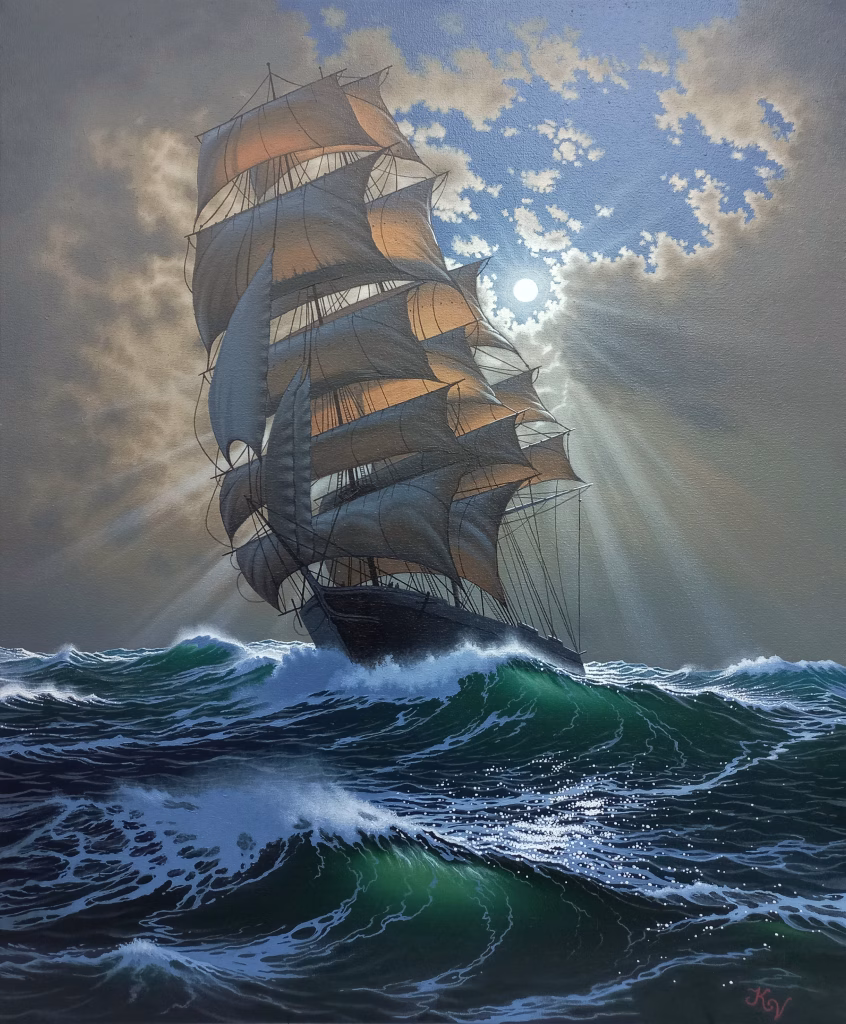 ocean artwork with a sailing ship, cloudy sky and rays of sunshine