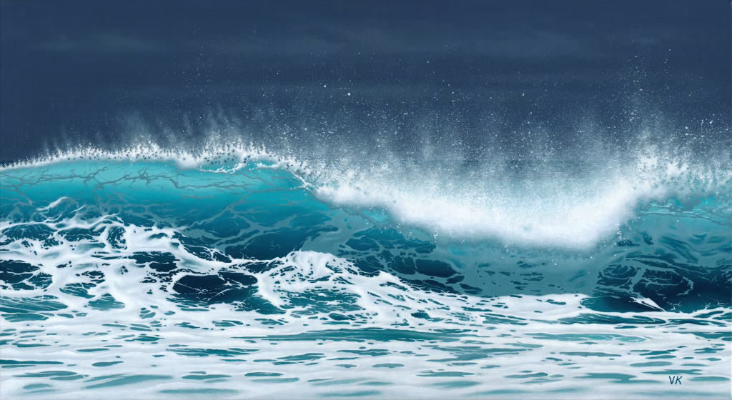 large breaking ocean wave and overcast sky, seascape canvas painting