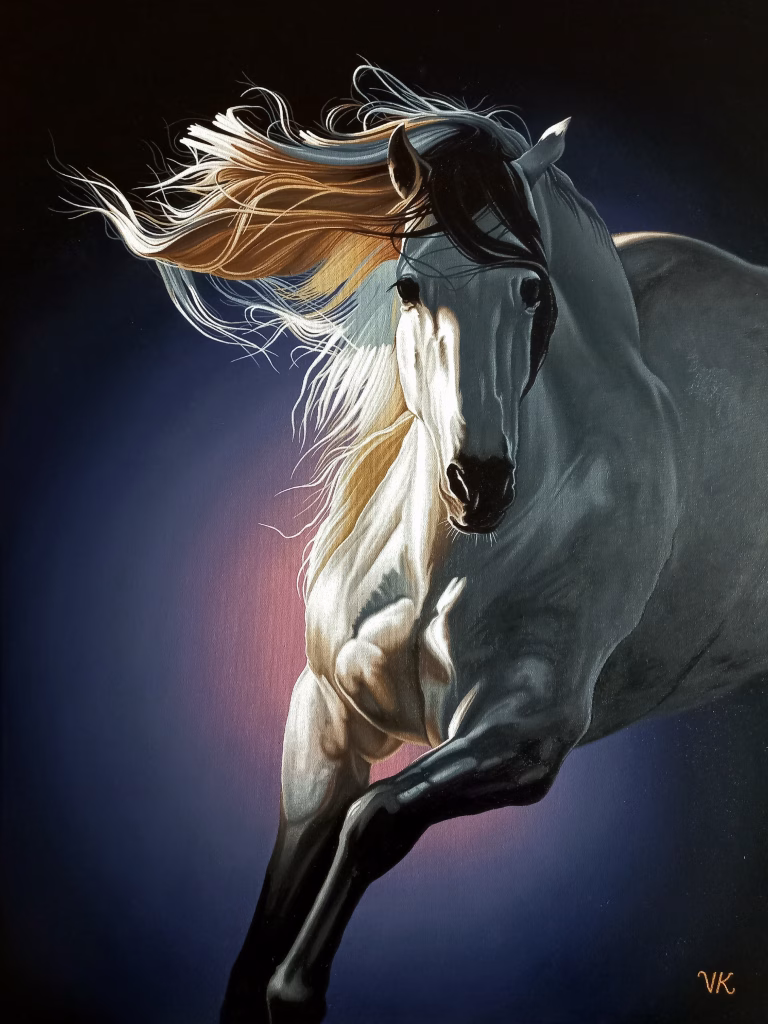 oil painting with a graceful white horse and dark background